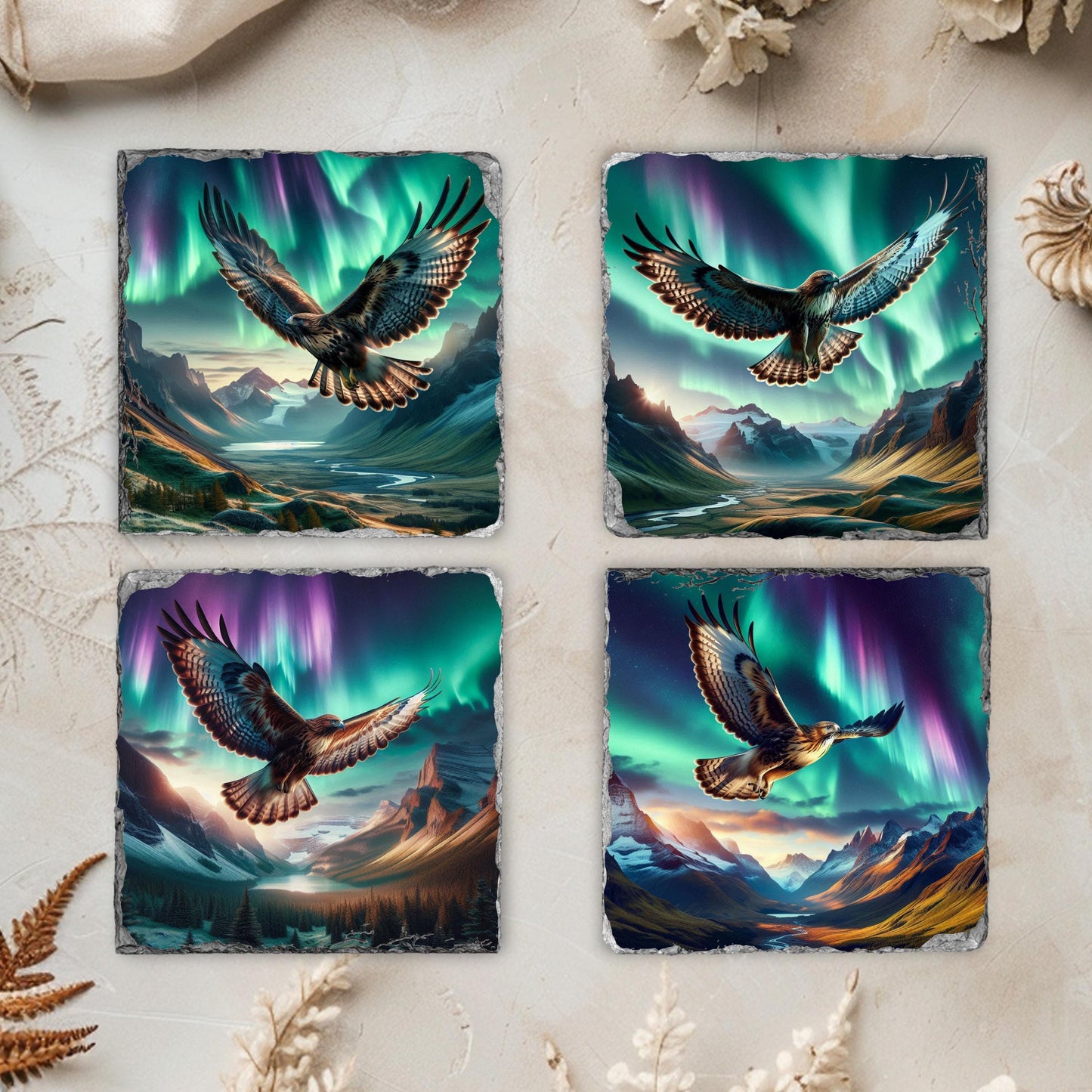 Slate Coaster Set with Unique Hawk  Northern Lights Designs - Perfect Gift for Outdoor Enthusiasts