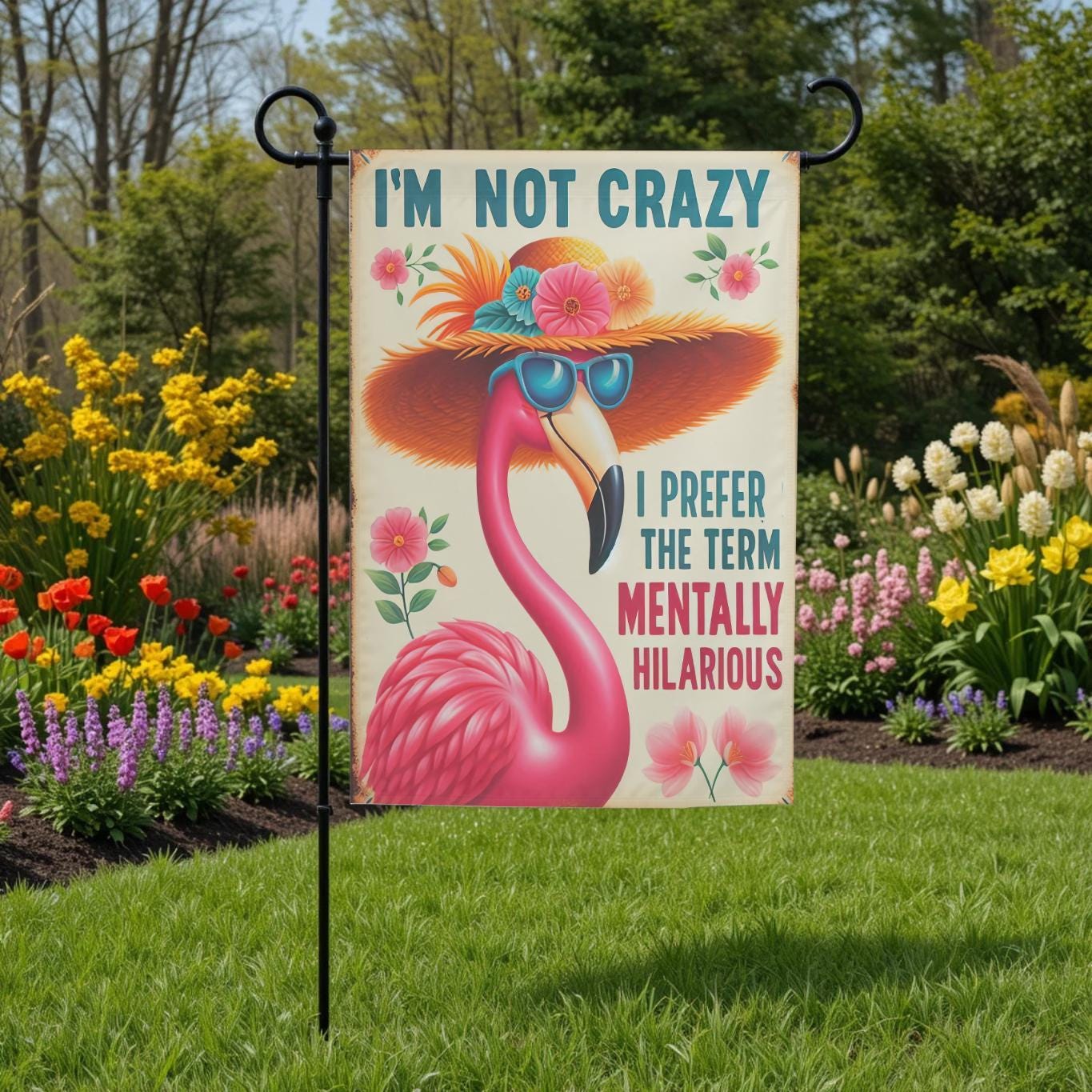Funny Flamingo Flag – Sassy Garden Decor With Mentally Hilarious Pink Flamingo Design - detail view