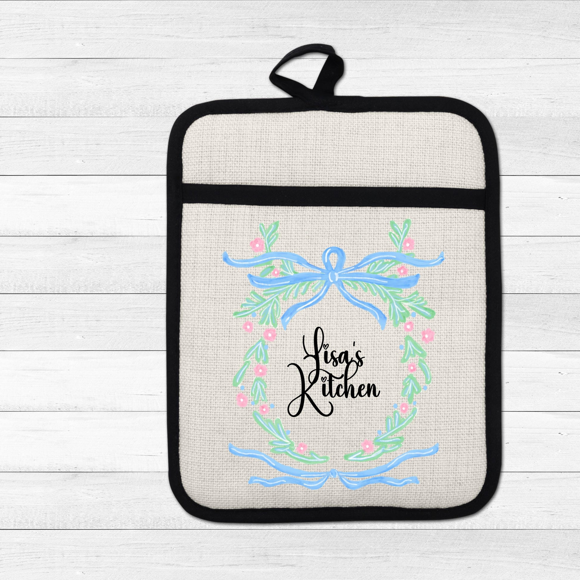 Personalized Pot Holder – Custom Name Floral Kitchen Gift With Linen Pocket - gift presentation view