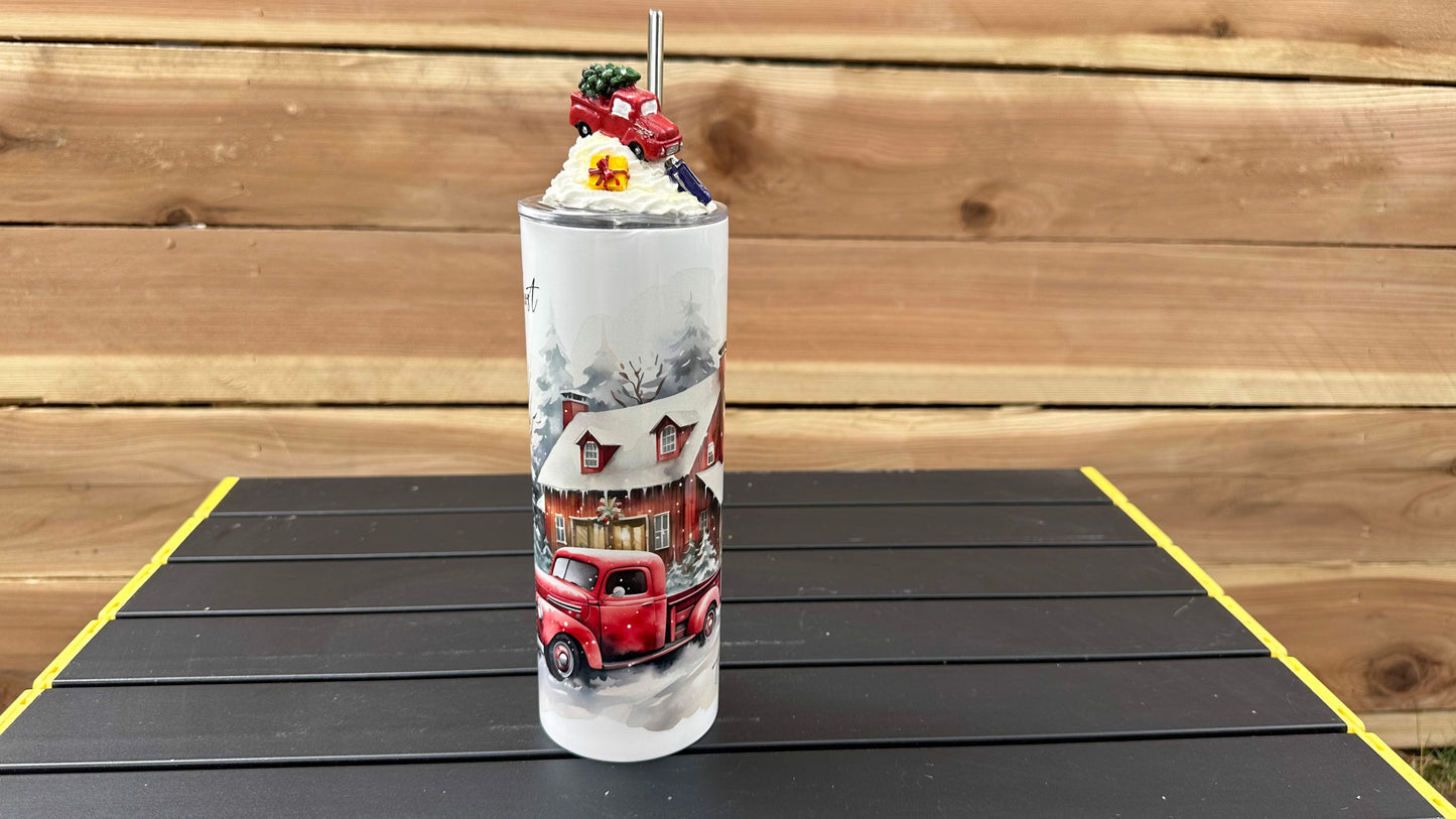 Christmas Red Truck Tumbler with Topper, Christmas Gift for Christmas Lover, Unique Gift For Her