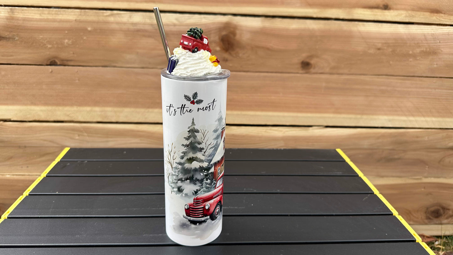 Christmas Red Truck Tumbler with Topper, Christmas Gift for Christmas Lover, Unique Gift For Her