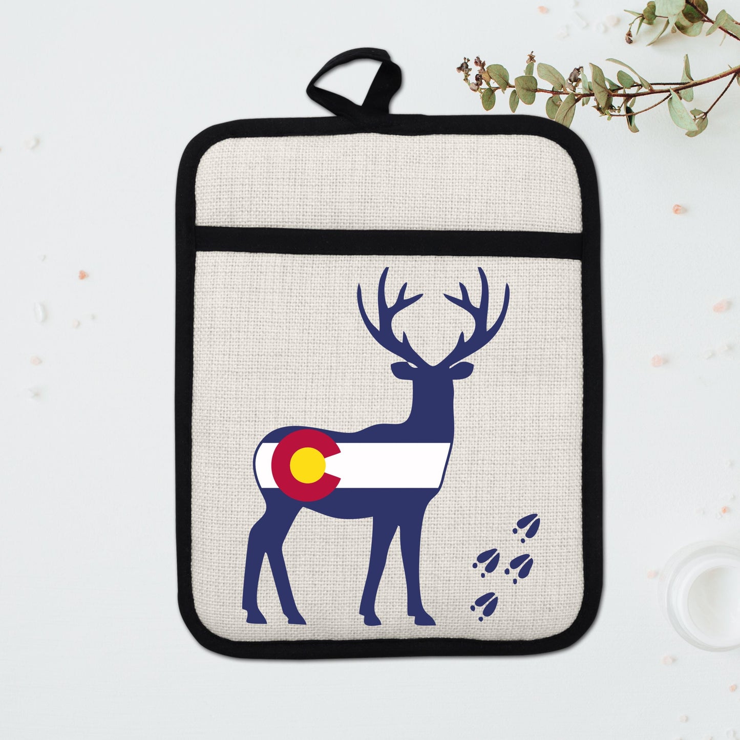 Colorado Deer Pot Holder - Linen Fabric, Silicone Back Trivet with Pocket Grip