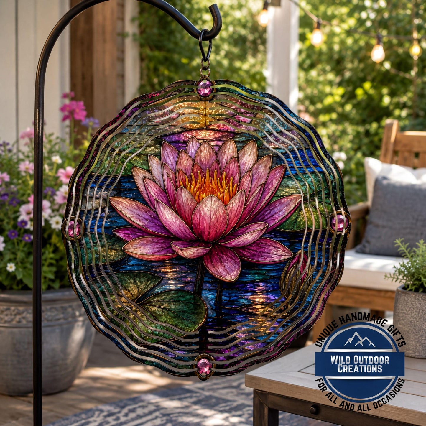 July Birth Flower Water Lily Wind Spinner 10 Inch Faux Stained Glass Metal Garden Decor