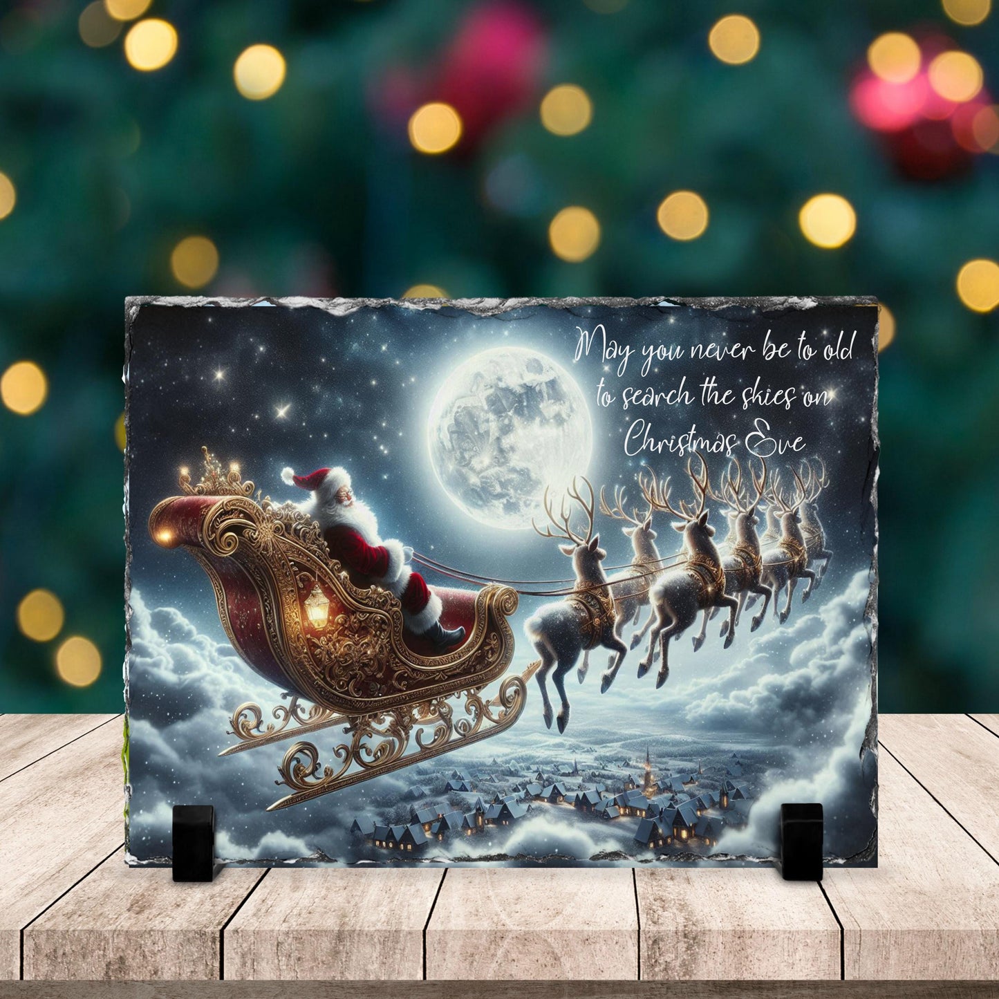 Handcrafted Holiday Slate Art with Santa  Reindeer  Full Moon Scene for Festive Home Decor