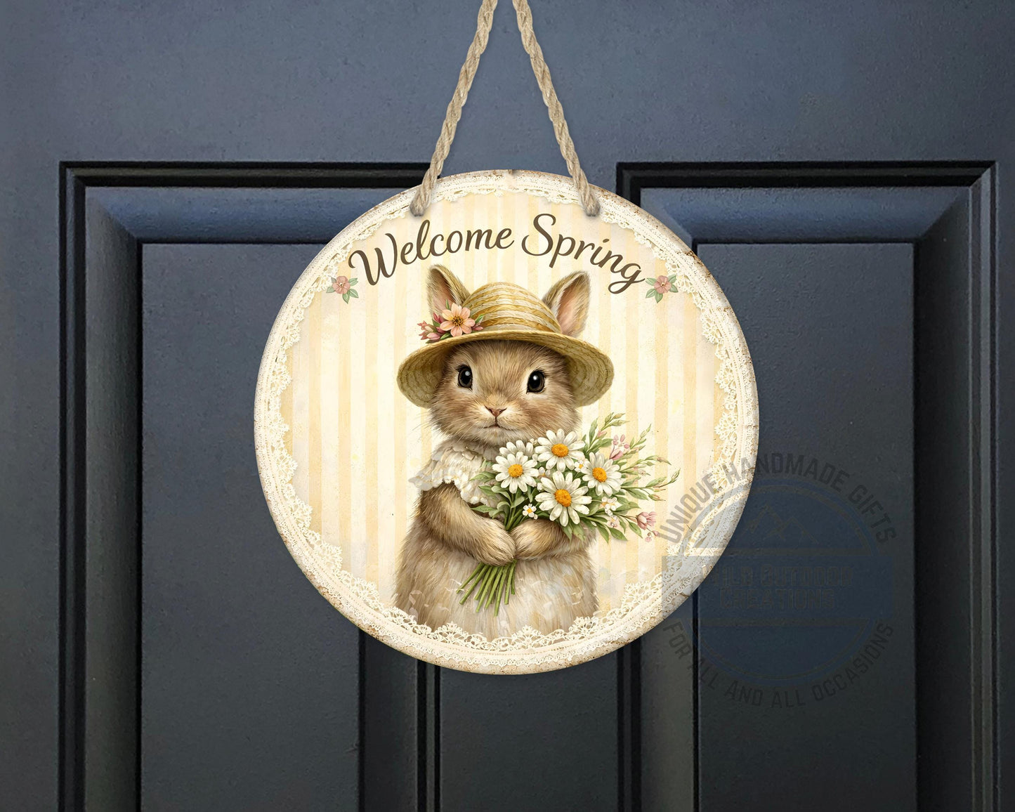 Spring Bunny Door Hanger – Floral Rabbit Wreath with Daisy Bouquet Sign