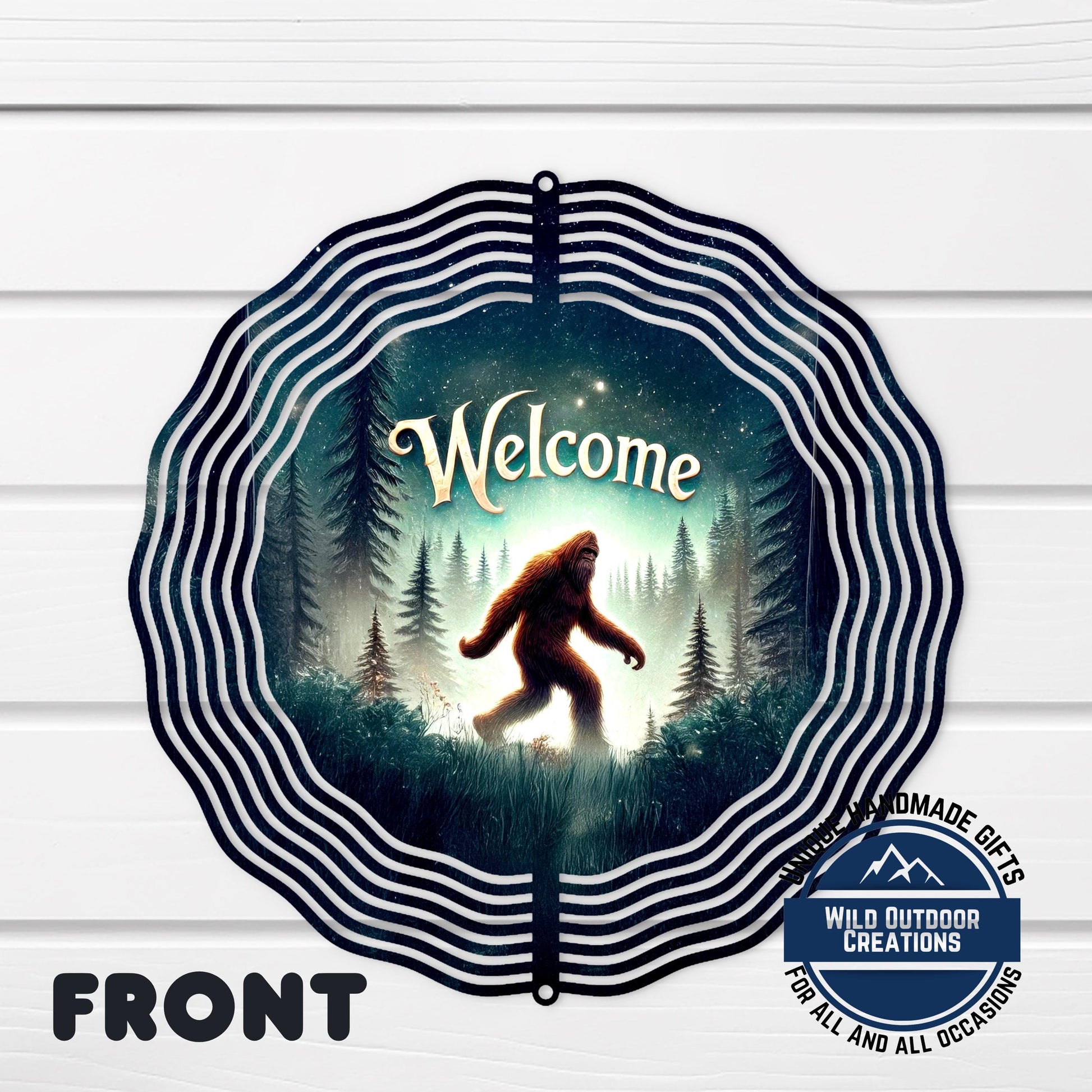 Bigfoot Welcome Spinner - Aluminum Outdoor Wind Spinner, Sasquatch Garden Decor - lifestyle display