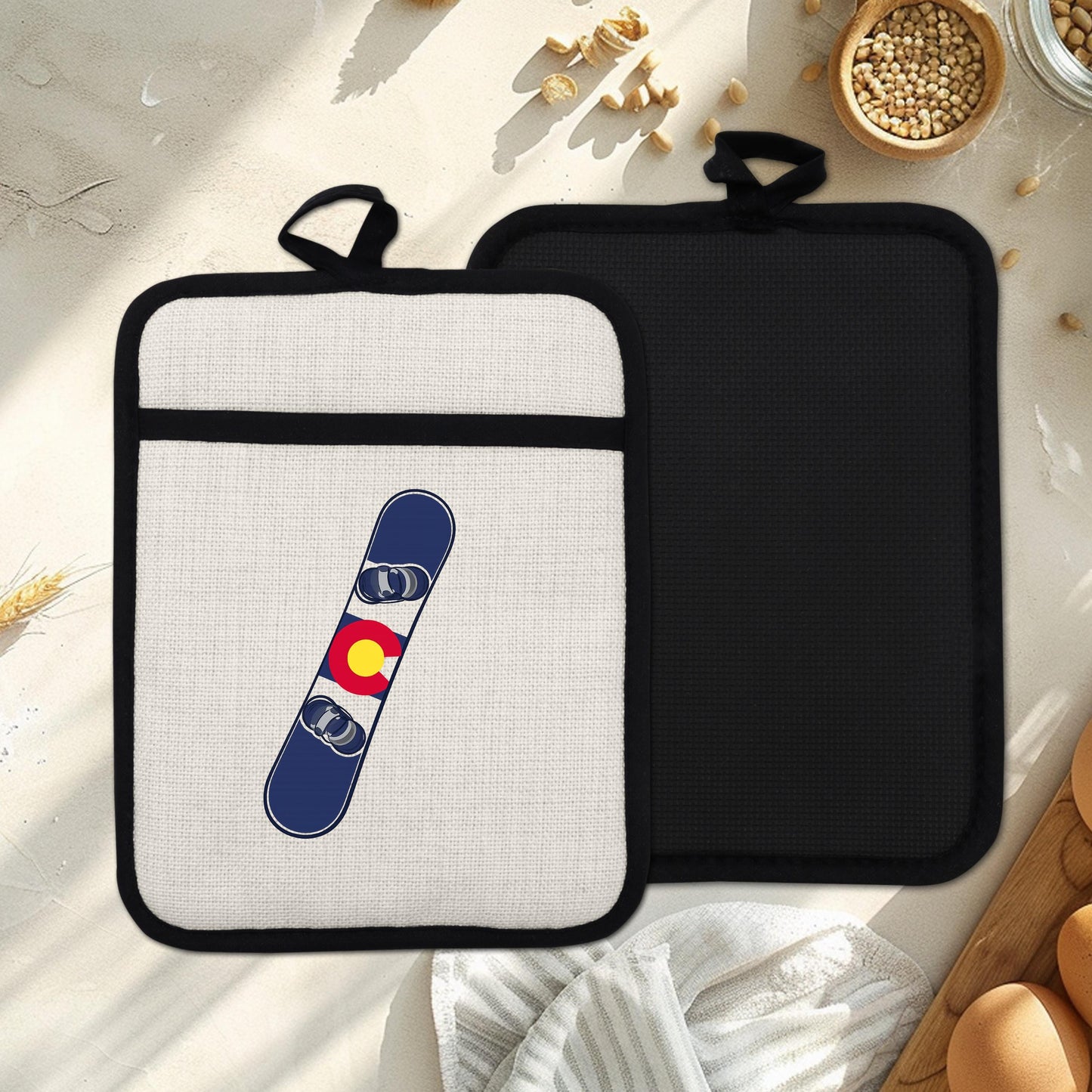 Snowboard Pot Holder - Colorado Flag Design | Linen Fabric & Silicone Backing Pad Trivet