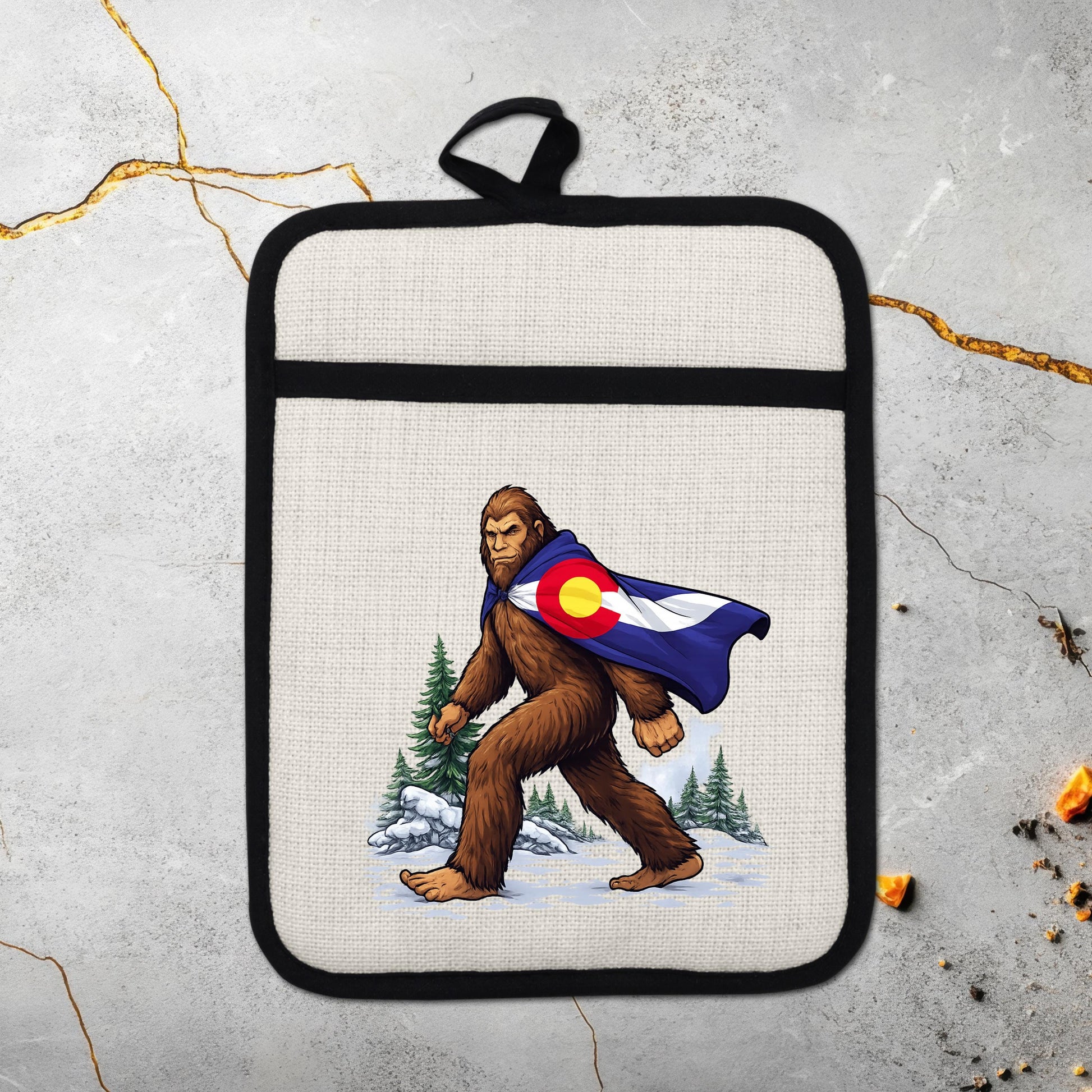 Sasquatch Pot Holder | Colorado Kitchen Decor - Bigfoot Oven Mitt & Heat Resistant Trivet - lifestyle view