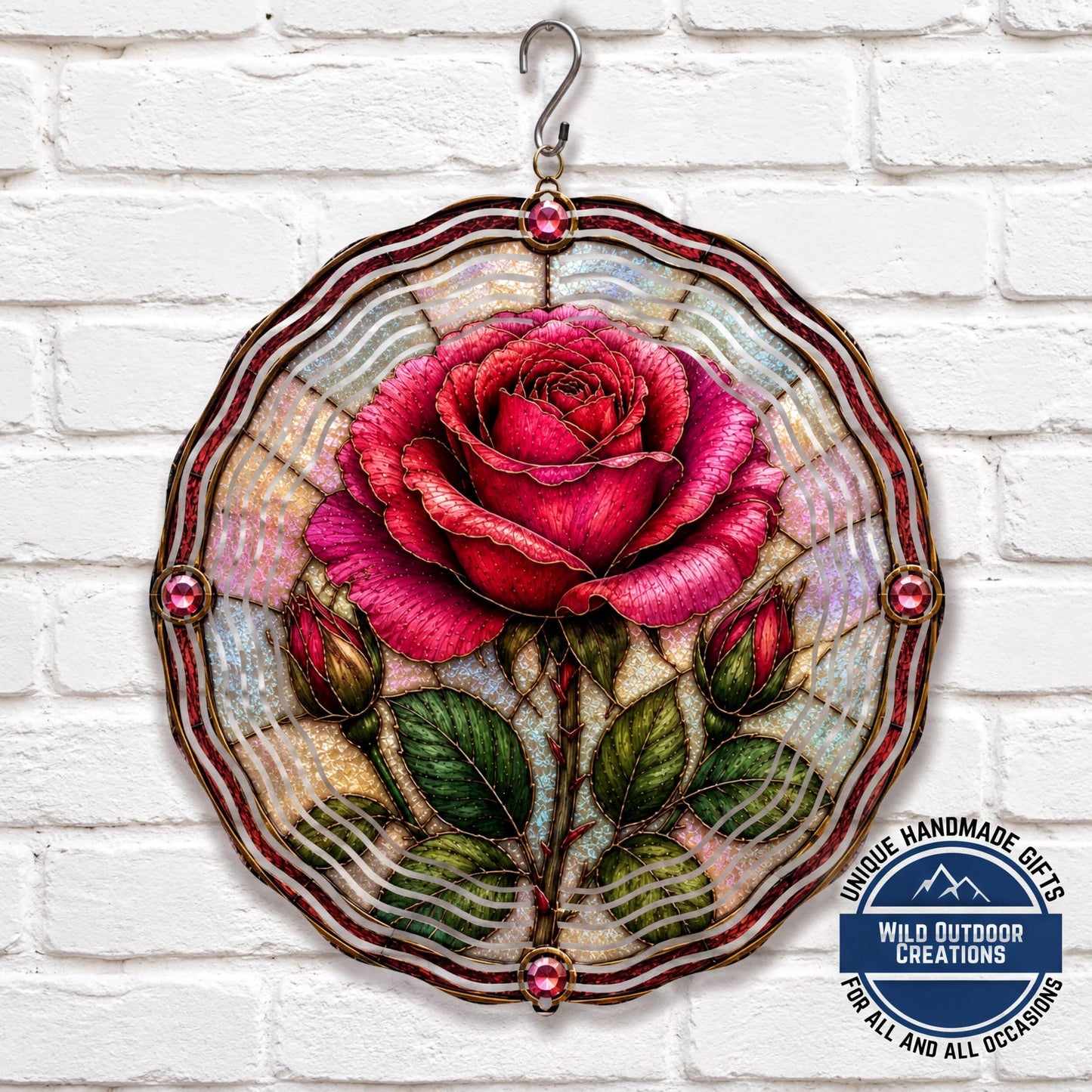 June Birth Flower Rose Wind Spinner 10 Inch Faux Stained Glass Metal Garden Decor