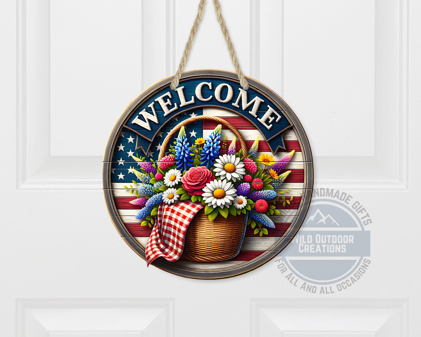 Patriotic Door Hanger - Aluminum Outdoor Sign With American Flag & Floral Basket