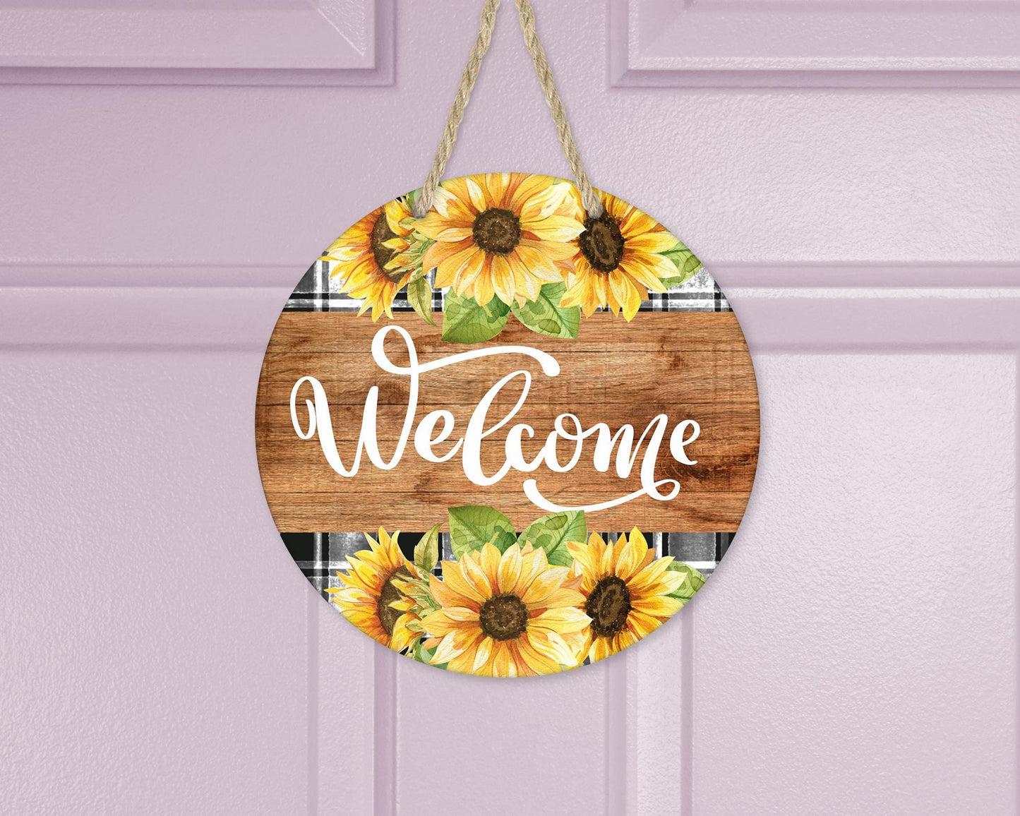 Aluminum Welcome Sign with Buffalo Plaid and Sunflowers - Unique Front Door Decor  Housewarming Gift