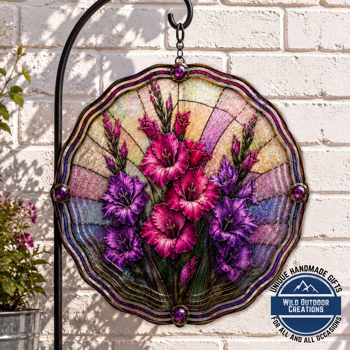 August Birth Flower Gladiolus Wind Spinner 10 Inch Faux Stained Glass Metal Garden Decor