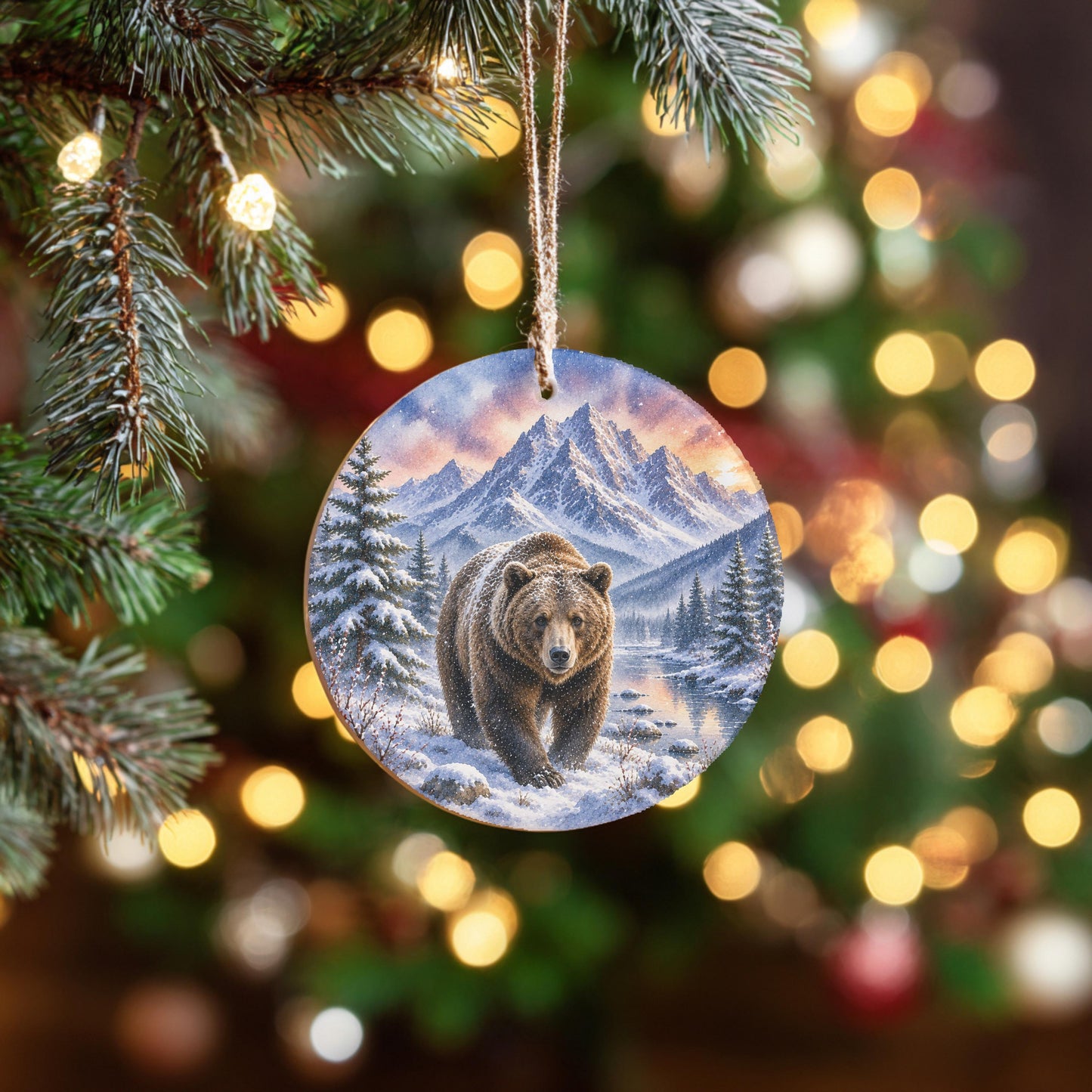 Grizzly Bear Ornament | Watercolor Mountains, Ceramic Keepsake