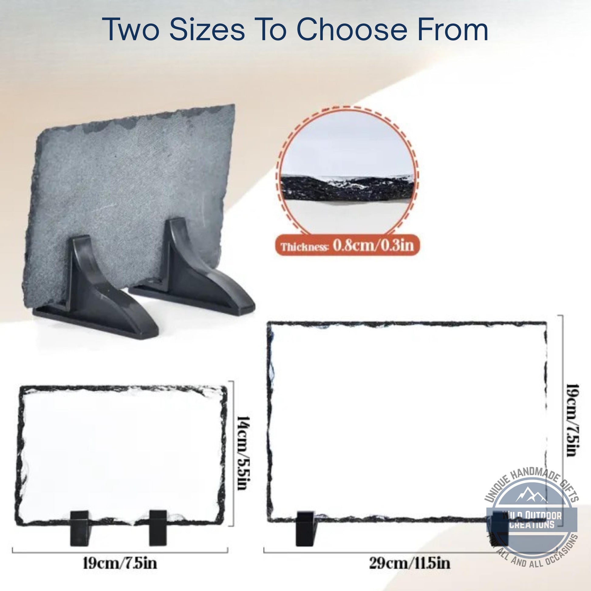 two sizes of slate photo frames, with a picture of a snowy mountain landscape in the background. The text indicates that there are two sizes to choose from, with the thicknesses being 0.8 cm/0.3in and 0.29 cm/115in.