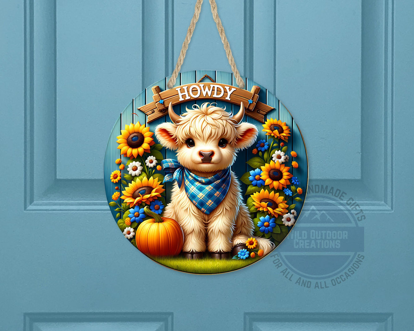 Farmhouse Door Hanger - Aluminum Round Sign with Highland Cow Decor, Blue Plaid