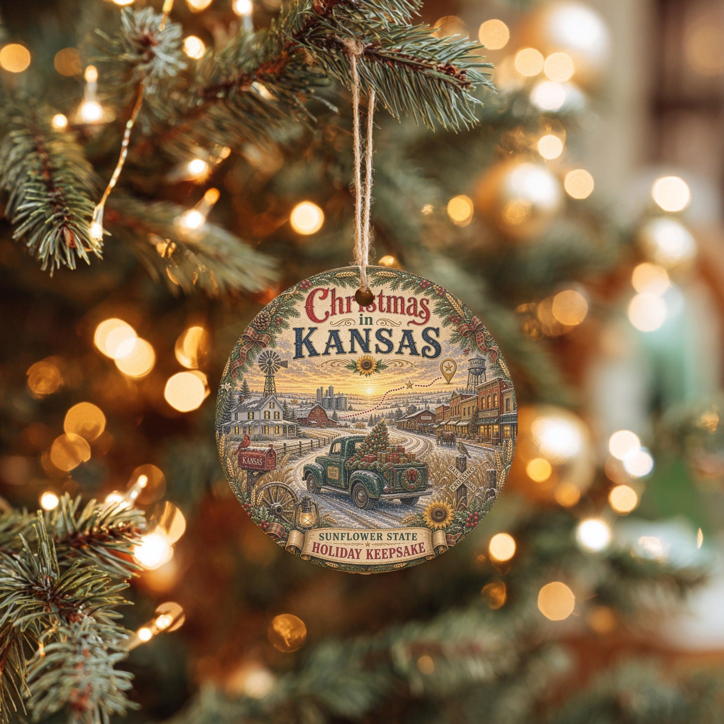 Kansas Christmas Ornament | Vintage Green Truck Ceramic Keepsake, 3 Inch