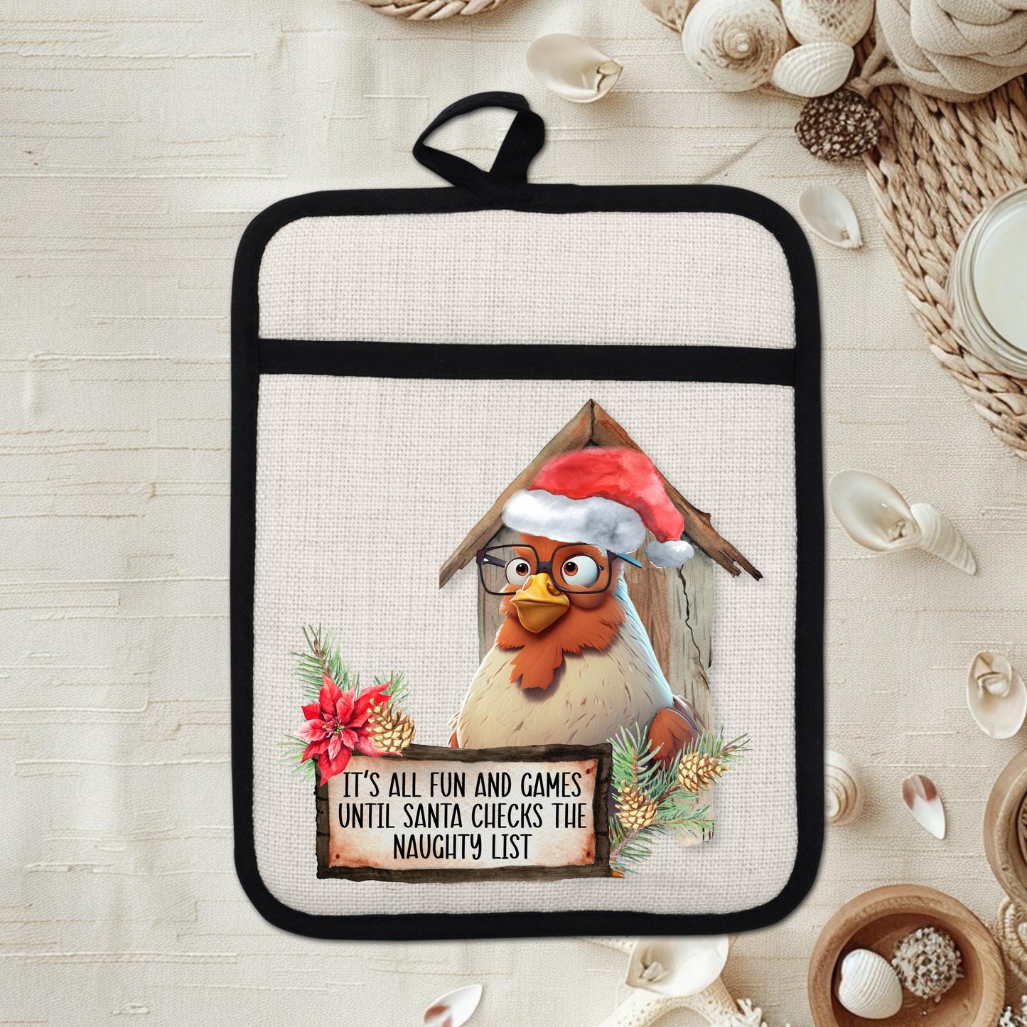 Funny Chicken Christmas Pot Holder with Naughty List Quote  Santa Hat - Rustic Linen Hot Pad for Festive Kitchen Decor