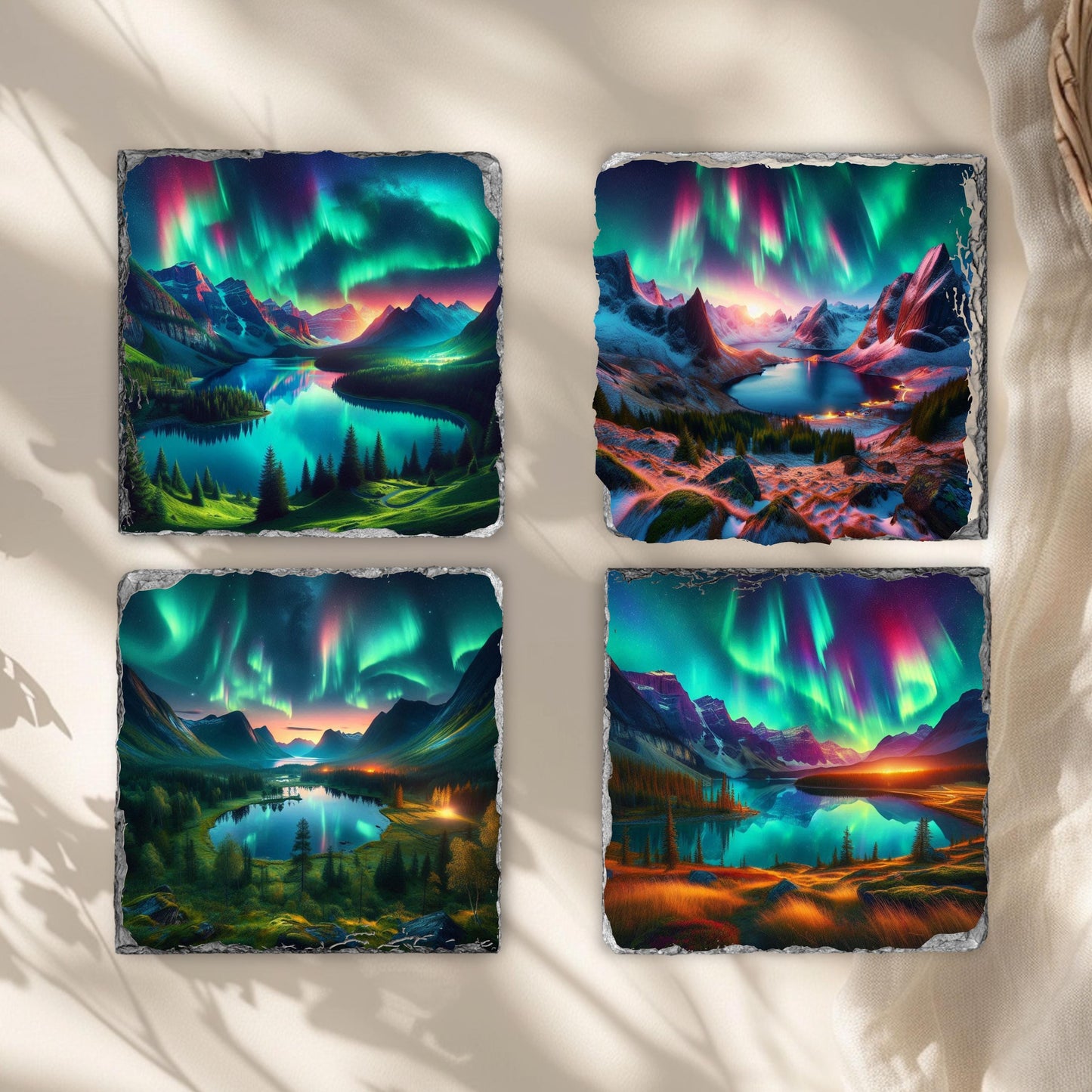 Mountain Lake Northern Lights Slate Coaster Set with Black Rack - Perfect Gift for Nature Lovers Featuring 4 Scenic Images and Fractured Edges