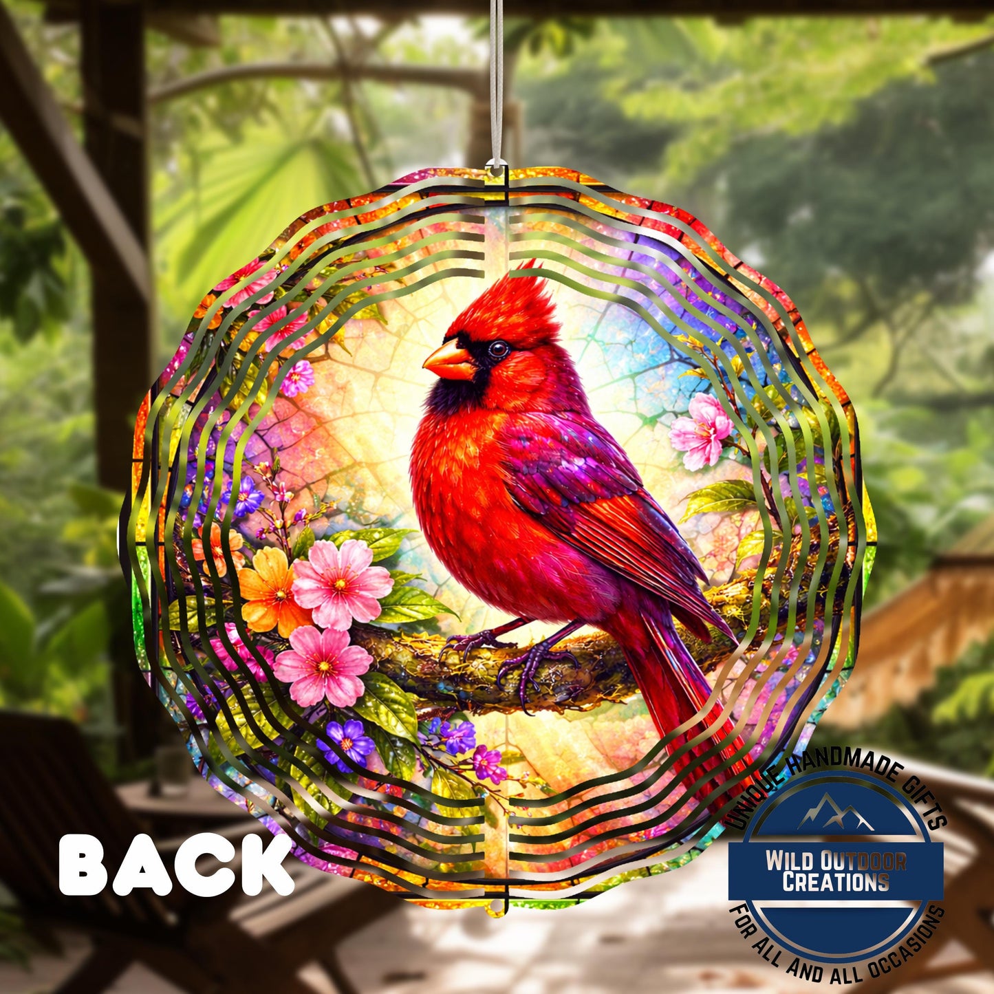 Cardinal Wind Spinner - 10 Inch Aluminum Outdoor Garden Decor With Pink Yellow Flowers