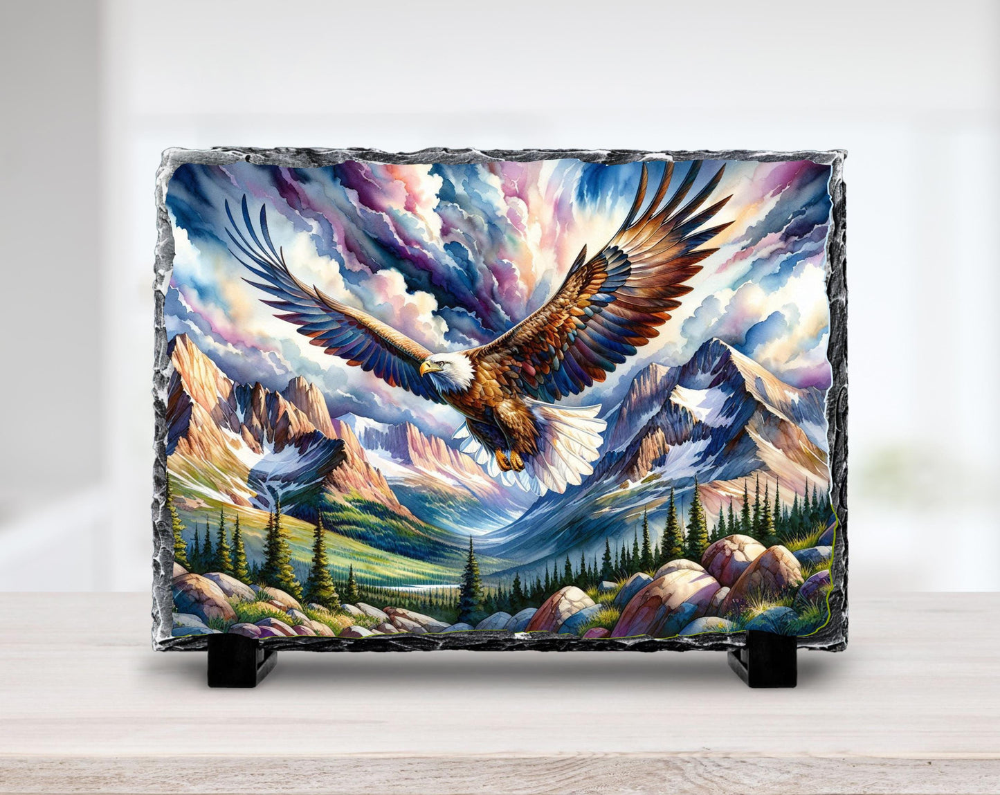 Watercolor Eagle Slate Plaque - Majestic Eagle in Flight Over Mountain Valley Rustic Wildlife Decor