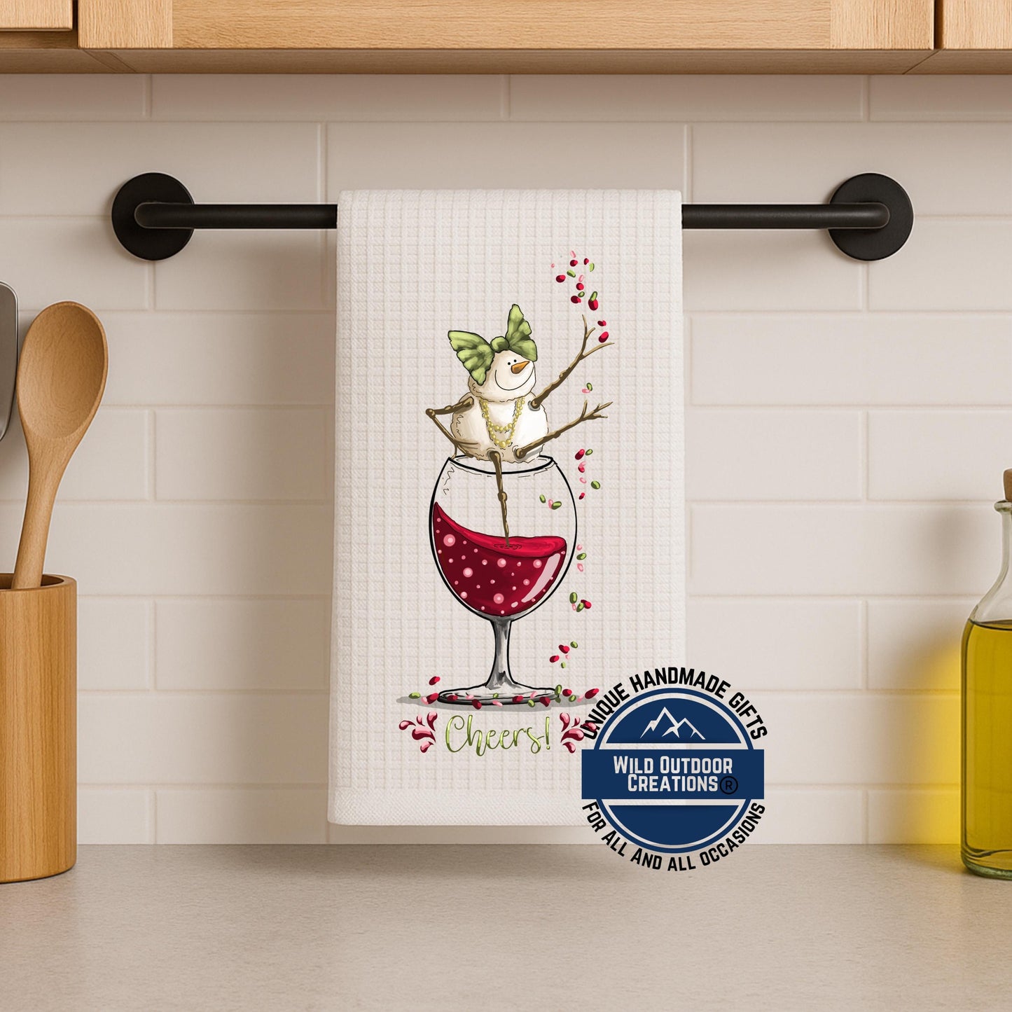 Snowman Wine Glass Kitchen Towel Cheers Funny Christmas Waffle Weave Holiday Decor Gift