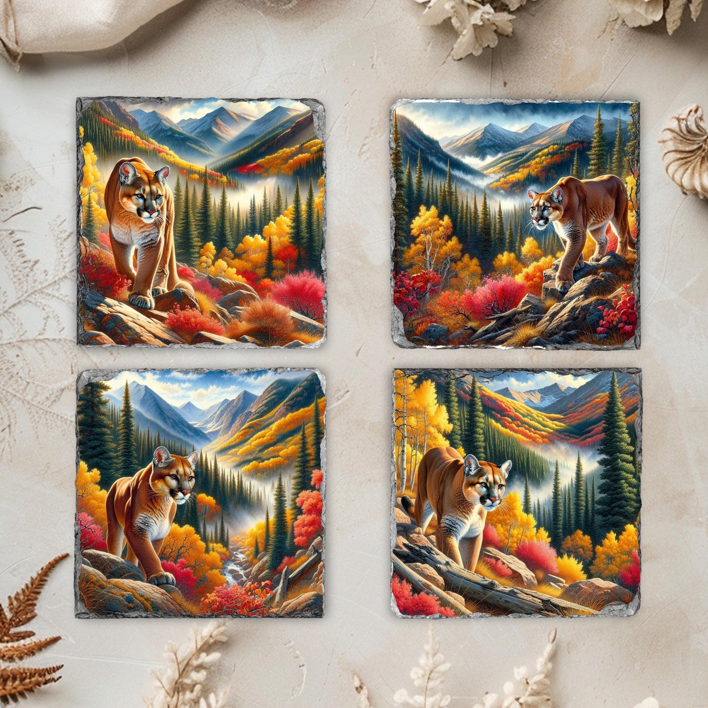 Mountain Lion Slate Coaster Set - Fall Landscape Decor for Nature Lovers