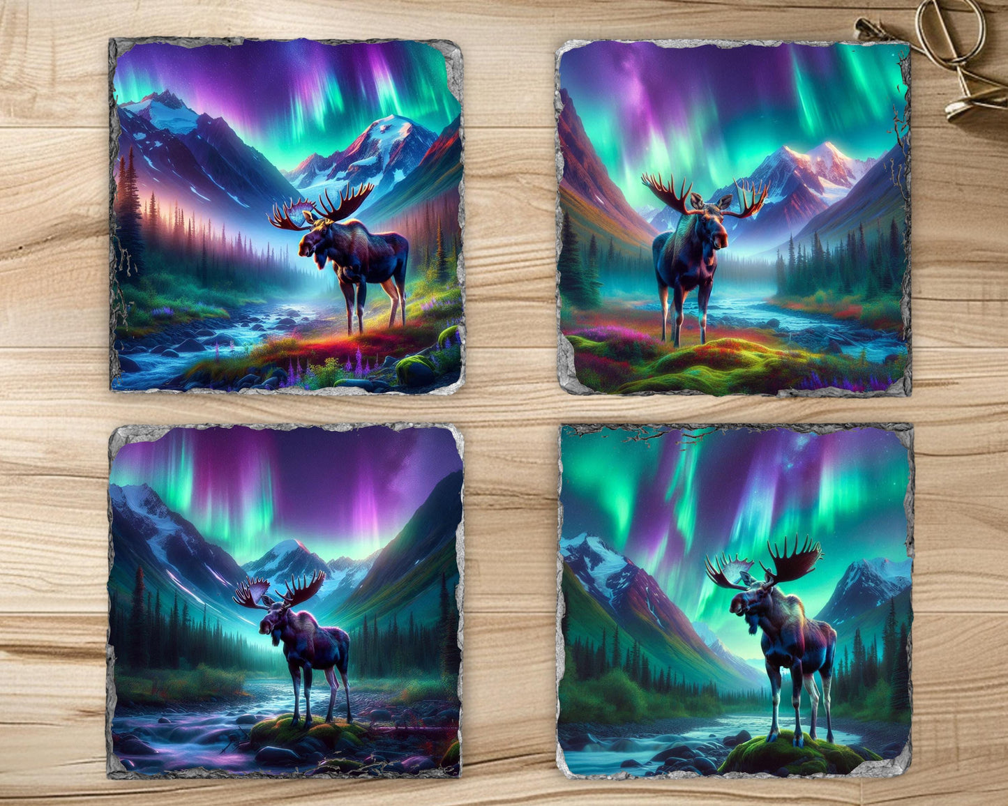 Rustic Slate Coaster Set with Moose Design - Ideal Cabin Gift for Nature Enthusiasts