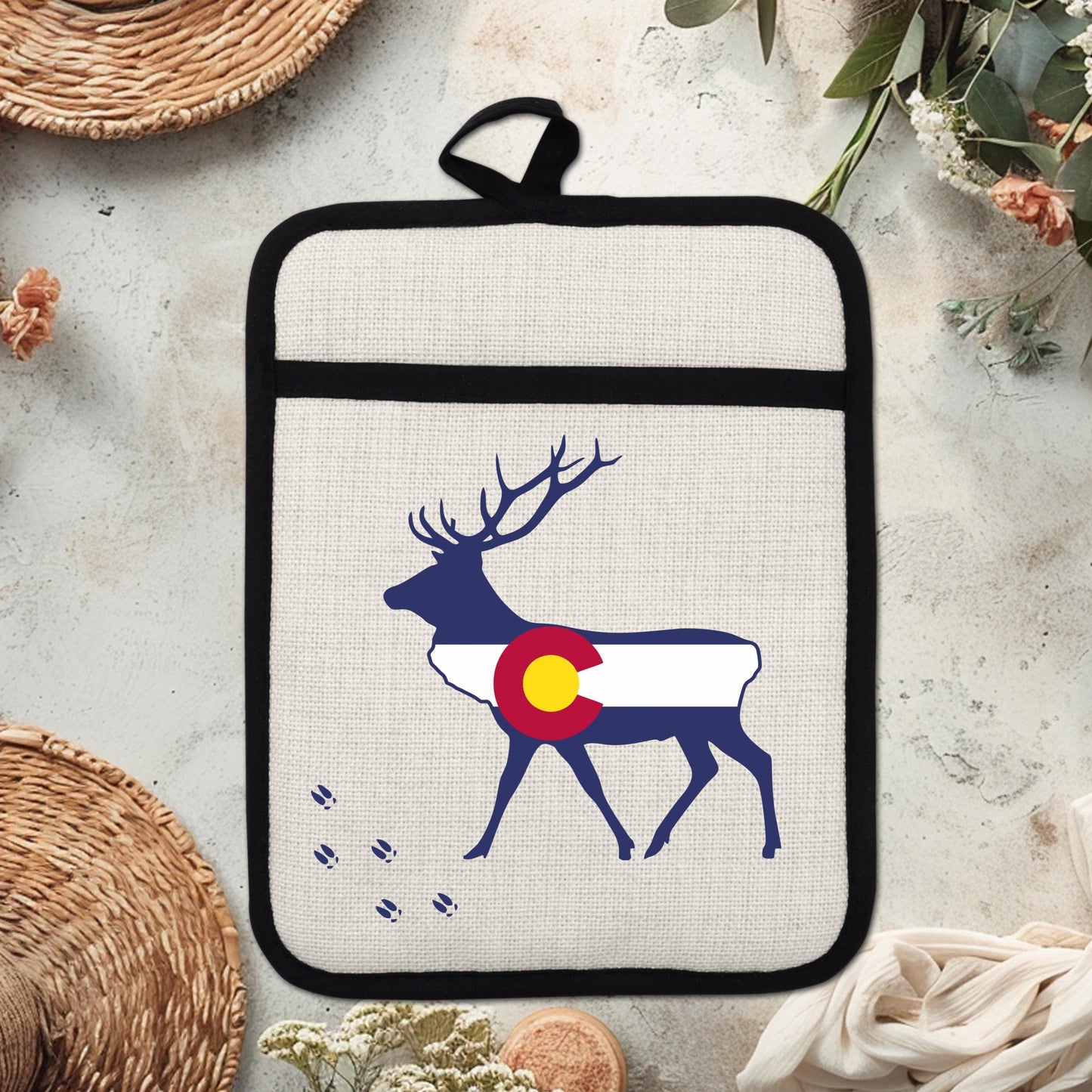 Elk Pot Holder - Colorado Linen With Silicone Back, Heat Resistant Trivet 9x7 Inches