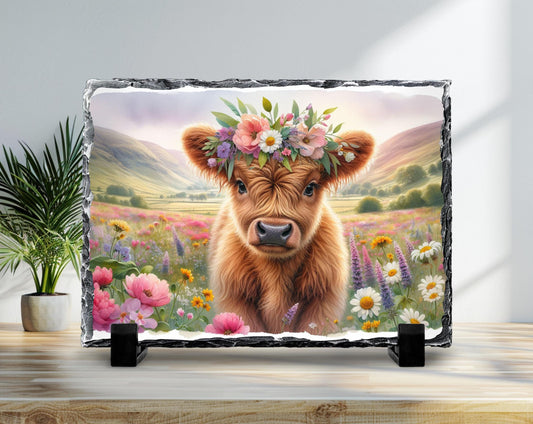 Baby Highland Cow Plaque – Natural Slate Floral Meadow Design, Handmade Slate Art