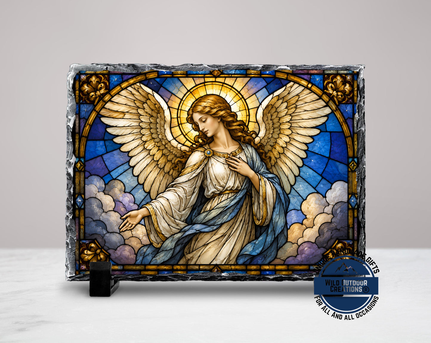 Guardian Angel Faux Stained Glass Slate Plaque, Religious Wall Decor, Christian Sympathy Gift
