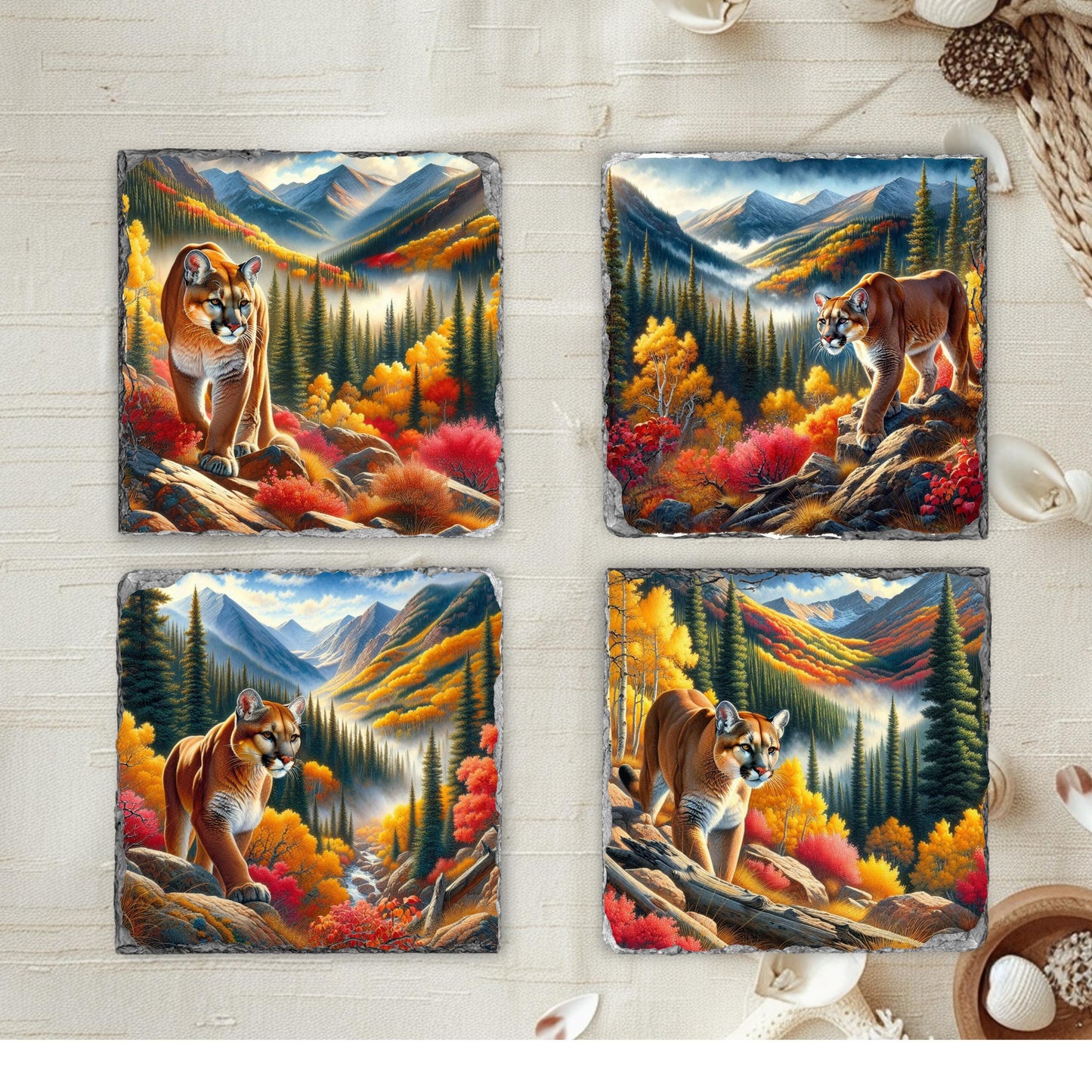Mountain Lion Slate Coaster Set - Fall Landscape Decor for Nature Lovers