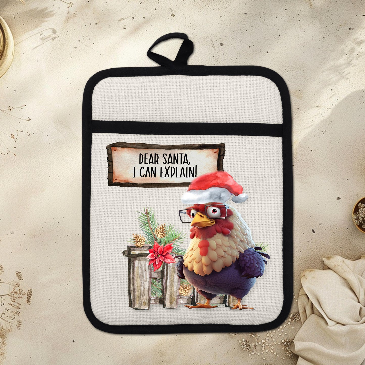 Funny Chicken Christmas Pot Holder with Santa Hat  Fence Scene - Dear Santa I Can Explain Linen Hot Pad Gift