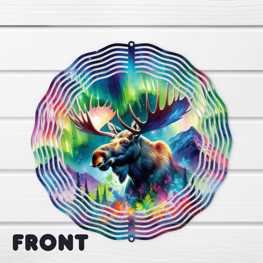 Double-Sided Moose Head Wind Spinner - 10x10 Watercolor Forest  Northern Lights Art