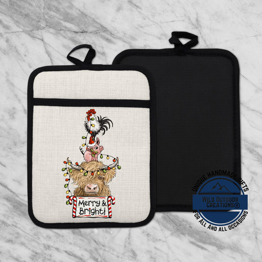 Highland Cow Pot Holder Linen Hot Pad Pig Rooster Merry Bright Kitchen Gift