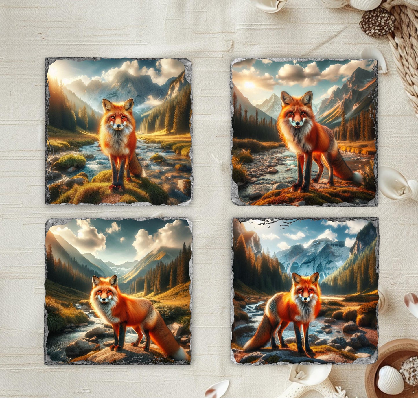 Handcrafted Natural Slate Coaster Set with Fox Mountain Scene  Black Rack - Perfect Gift for Wildlife Lovers