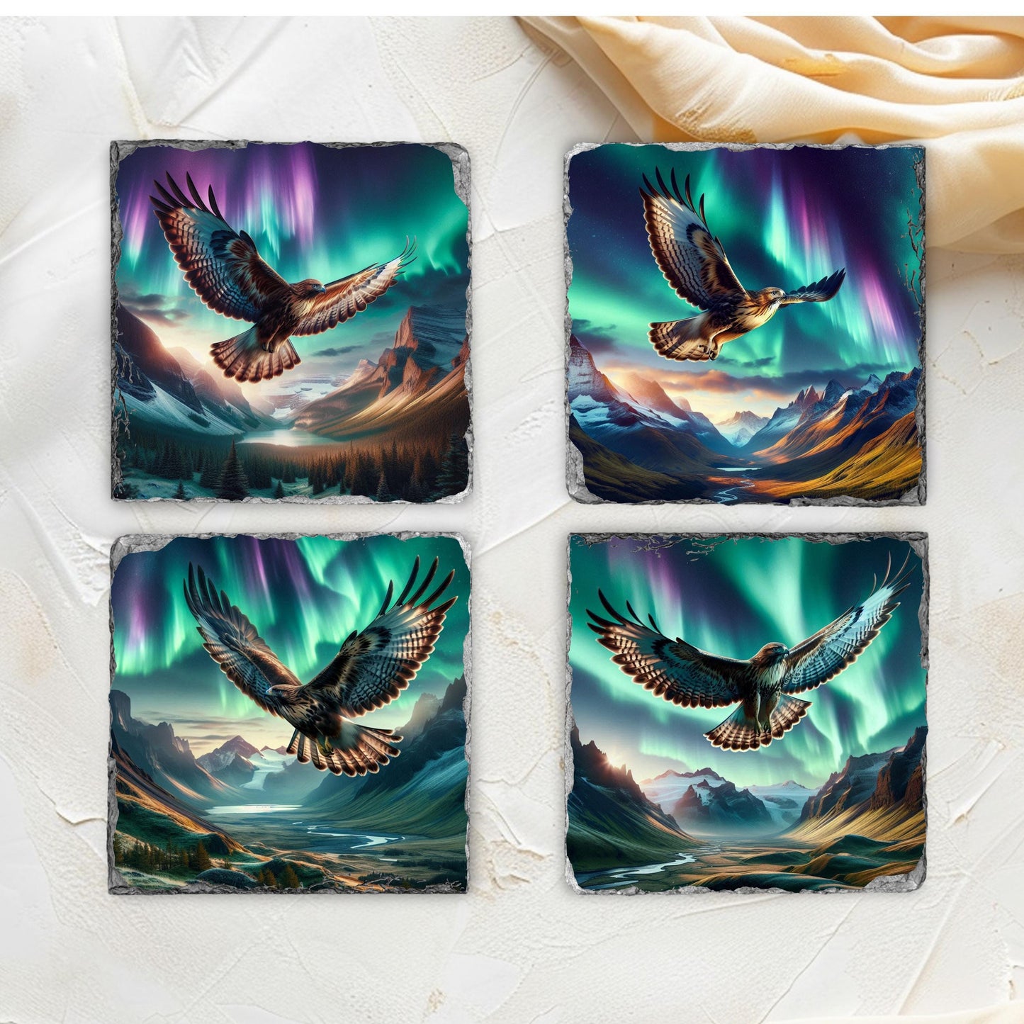 Slate Coaster Set with Unique Hawk  Northern Lights Designs - Perfect Gift for Outdoor Enthusiasts