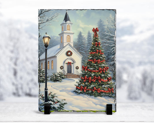 Vintage Slate Christmas Art with Red Bows  Snowy Landscape
