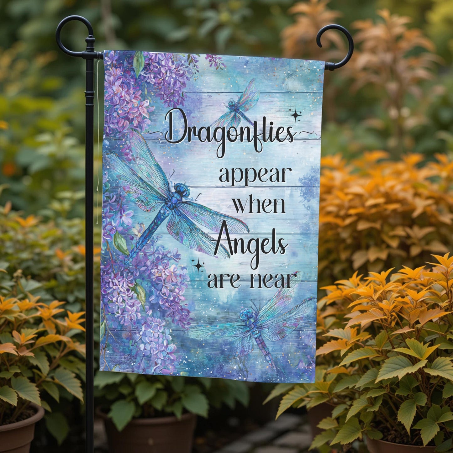 Memorial Garden Flag – Dragonfly Garden Flag with Lilac Flowers | UV Protected Polyester - additional angle