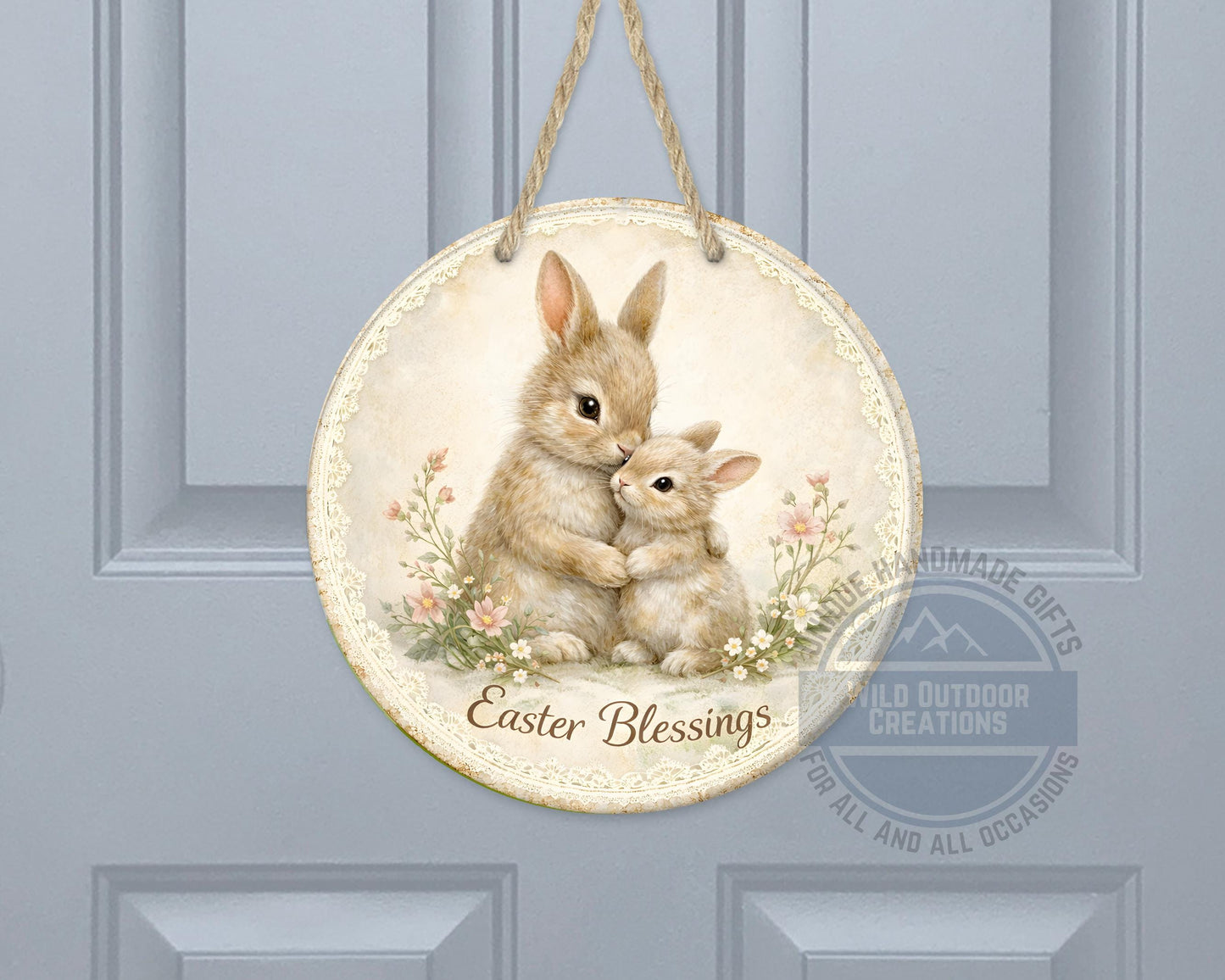 Spring Bunny Door Hanger – Floral Easter Sign | 10" Round Aluminum Decor