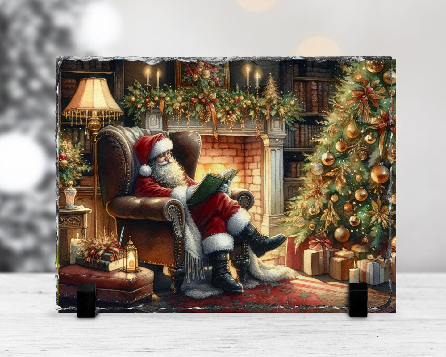Cozy Santa Reading Slate with Fireplace  Tree - Charming Christmas Mantle Accent