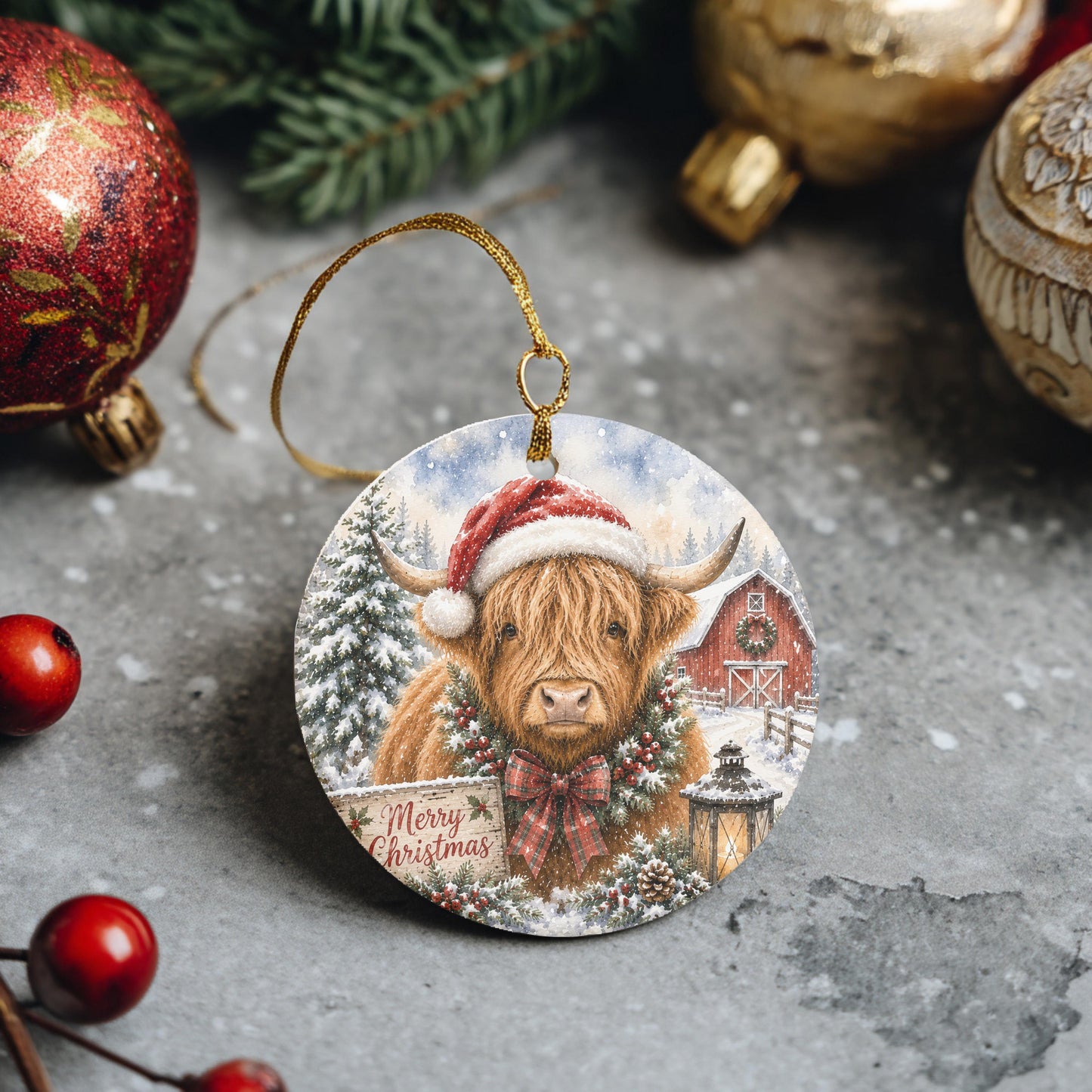 Highland Cow Ornament, Round Ceramic, 3 Inch Winter Barn Scene