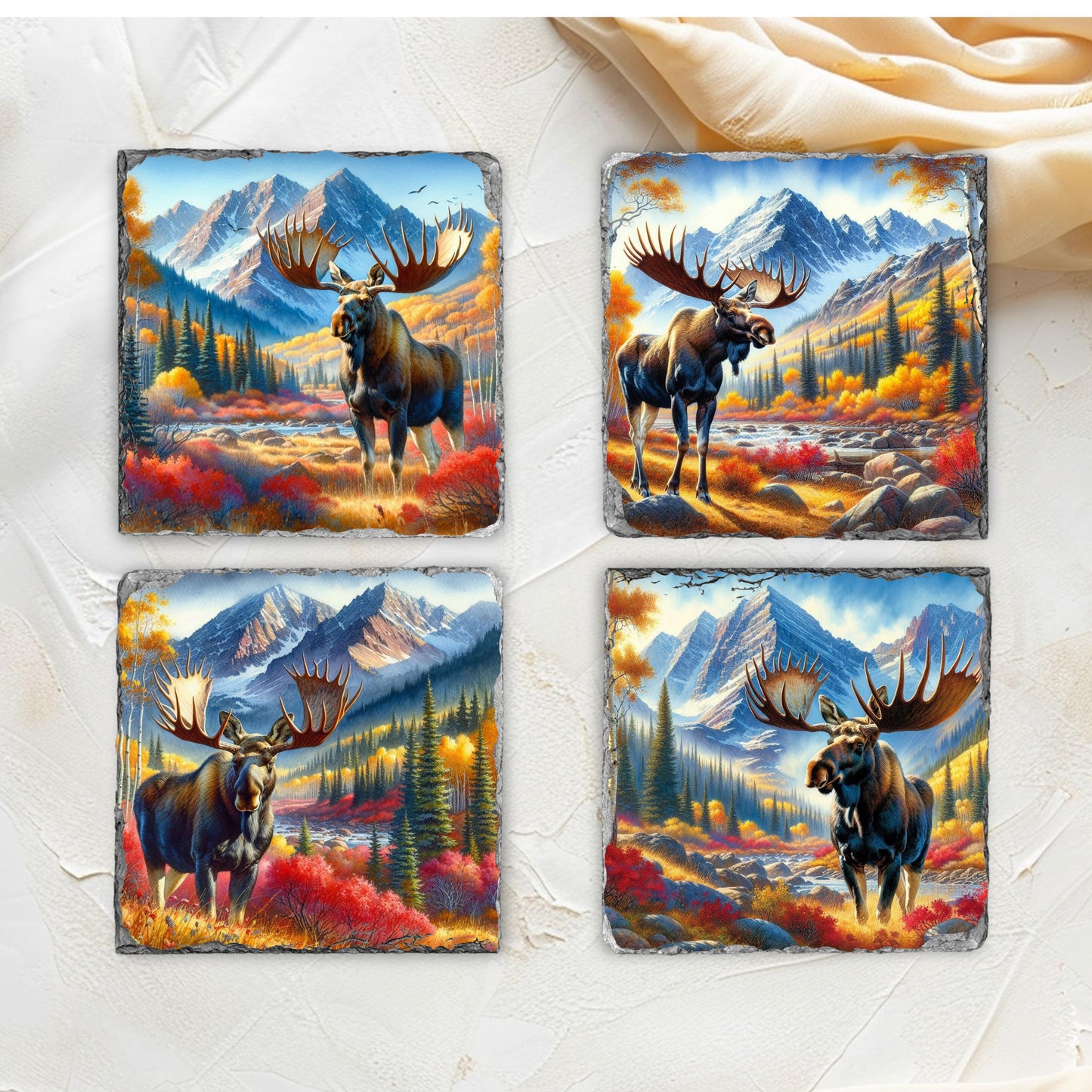 Slate Coaster Featuring Moose in Autumn Mountain Valley  Ideal Gift for Nature Enthusiasts