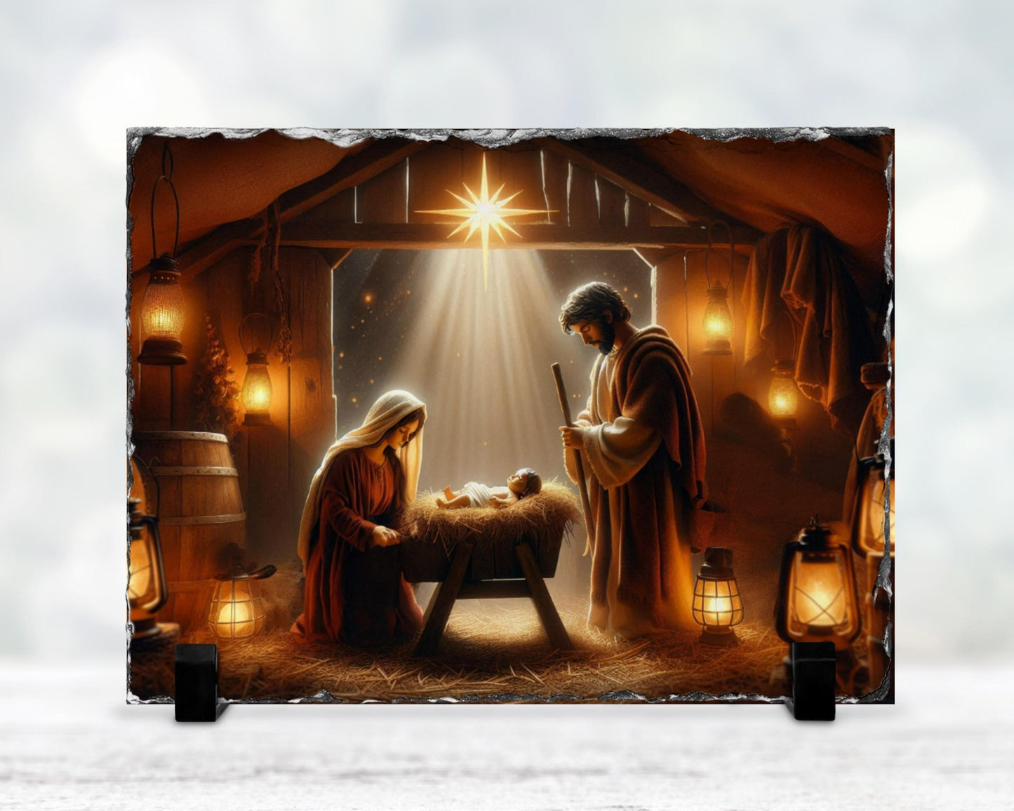 Religious Slate Wall Art - Mary  Jesus Nativity Scene with Fractured Edges - Unique Christmas Home Decor Gift