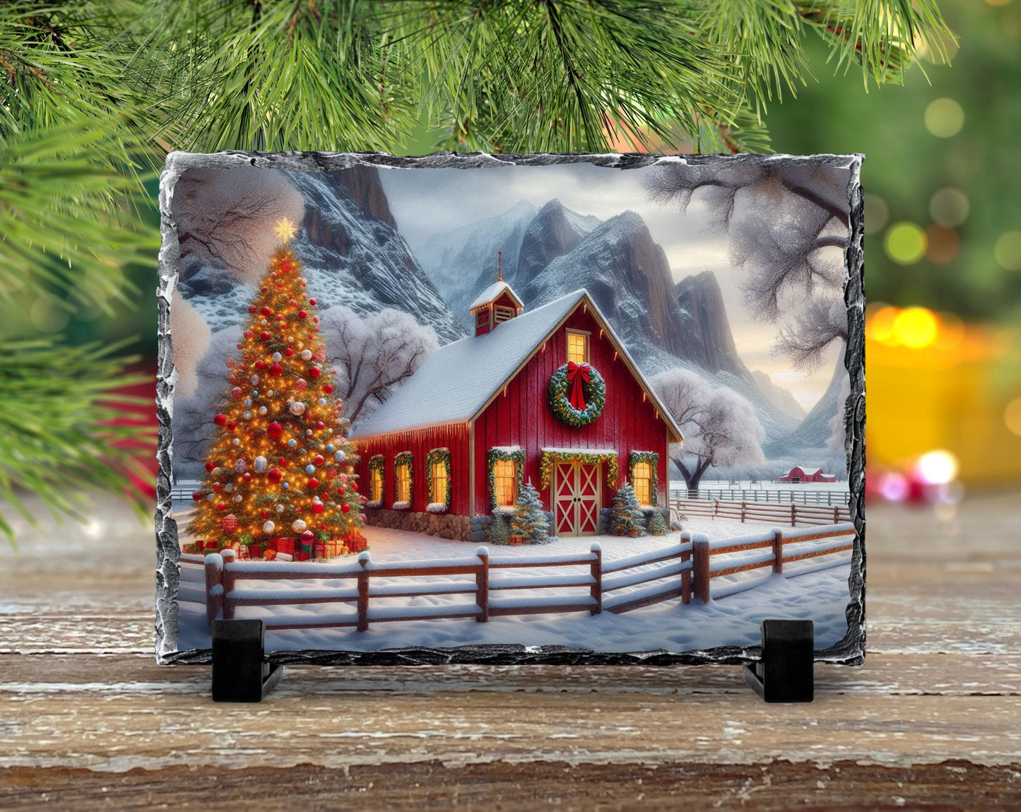 Rustic Slate Plaque with Christmas Barn Scene Tree  Wreath  Perfect Holiday Gift