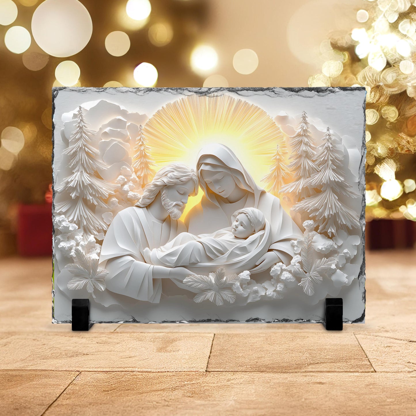 Fractured Edges Slate Plaque - 3D Nativity Scene with Mary Joseph  Baby Jesus