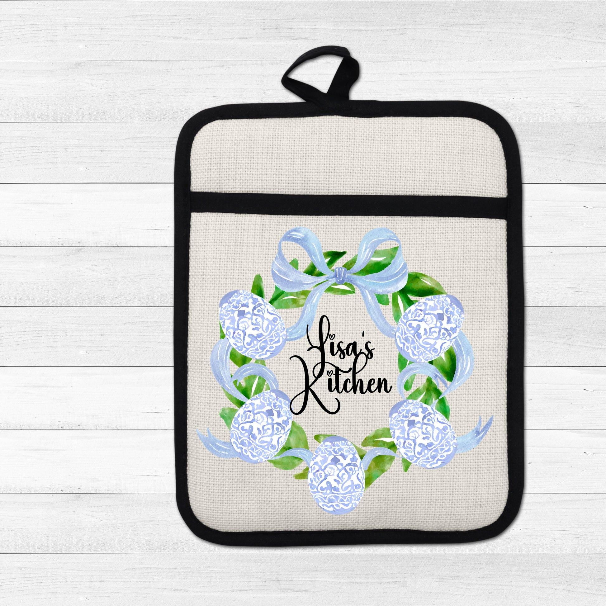 Personalized Easter Wreath | Non-Slip Pot Holder, Blue & White Chinoiserie Style Decor Gift - gift presentation view