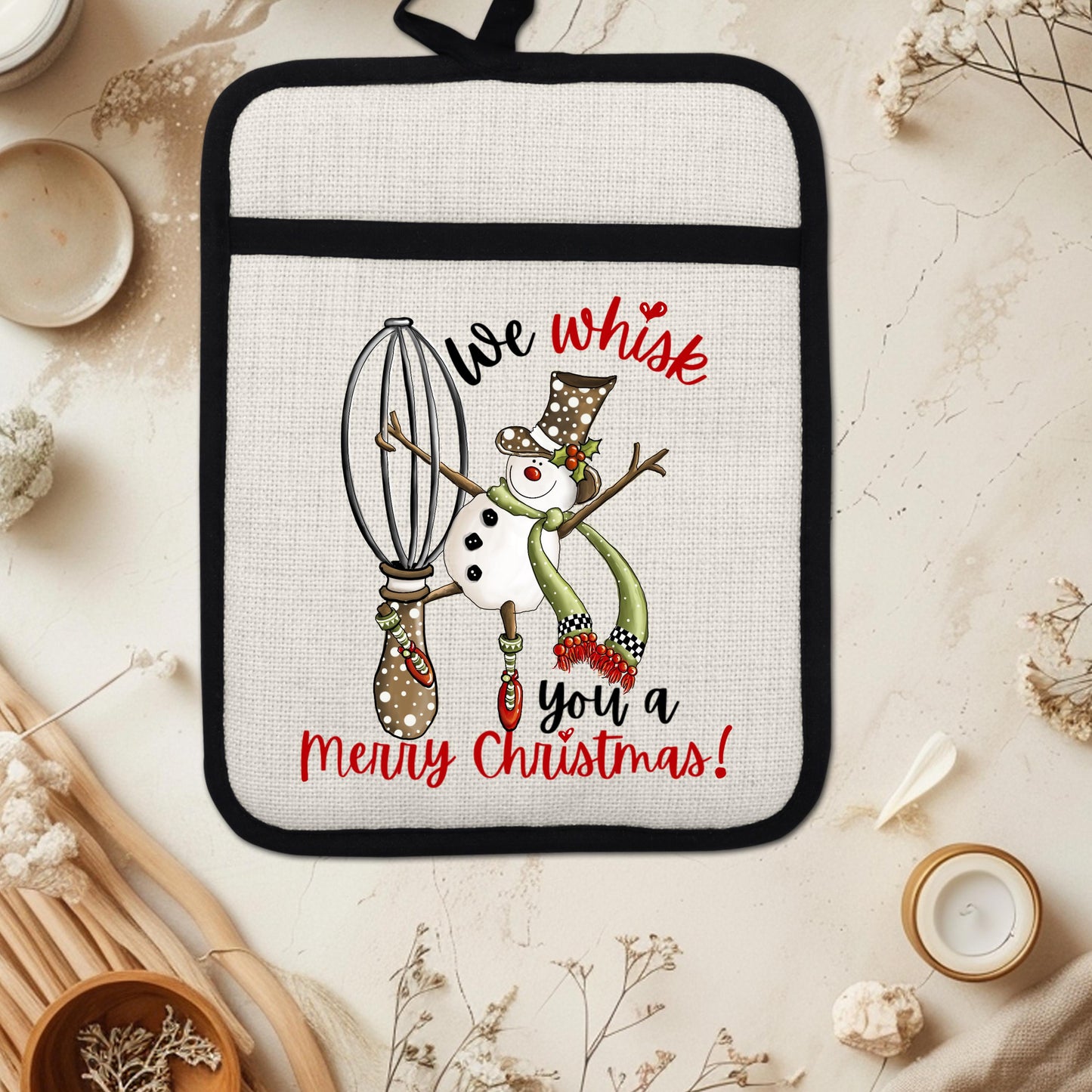 Funny Snowman Pot Holder with We Whisk You a Merry Christmas Quote - Linen Hot Pad for Holiday Kitchen Gift