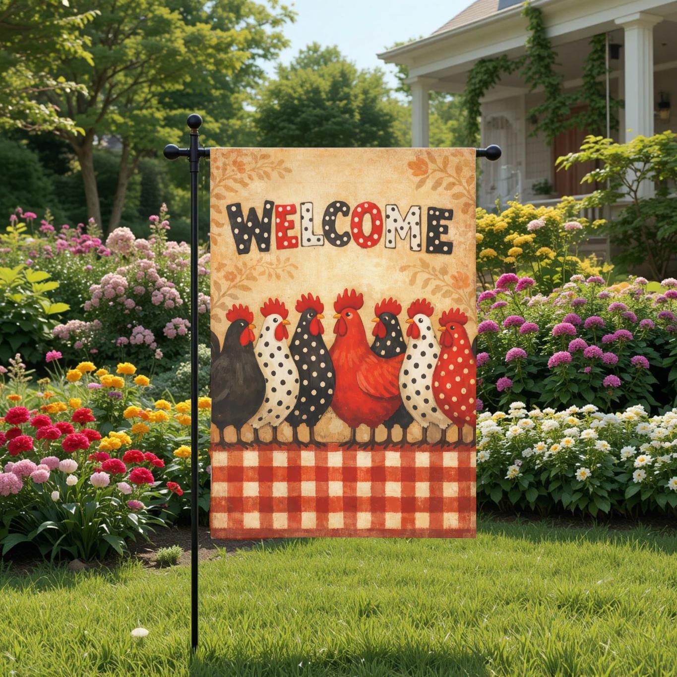 Welcome Chicken Garden Flag – Farmhouse Porch Decor With Rooster Yard Design