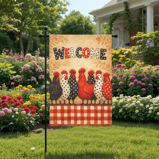Welcome Chicken Garden Flag – Farmhouse Porch Decor With Rooster Yard Design