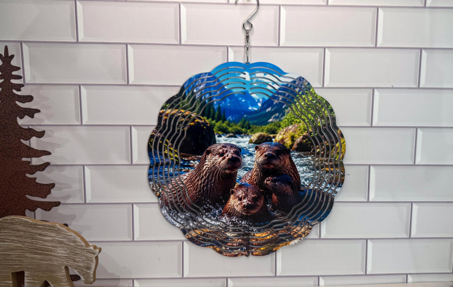 Family Otter 10 Inch Wind Spinner, Wildlife Porch Decor - 360 Swivel | Indoor Outdoor Accent